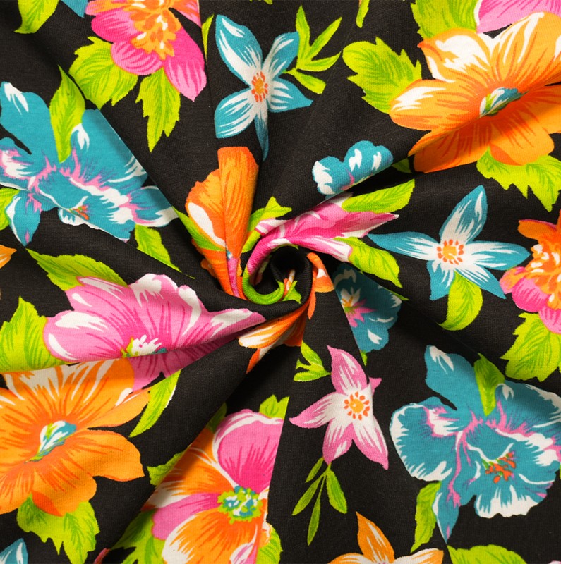 Black-Multi Cotton Floral Printed Jersey Knit Fabric