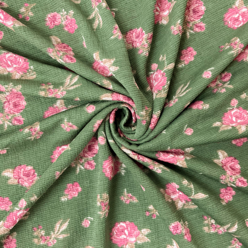 Green-Pink-Multi Floral Printed Sugar Slub Jersey Knit Fabric
