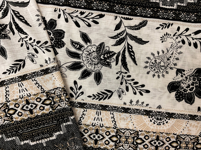 Black-Beige-Multi Poly Aztec Print Sugar Slub Jersey Knit Fabric
