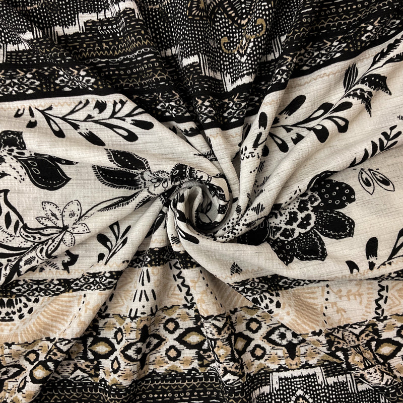 Black-Beige-Multi Poly Aztec Print Sugar Slub Jersey Knit Fabric