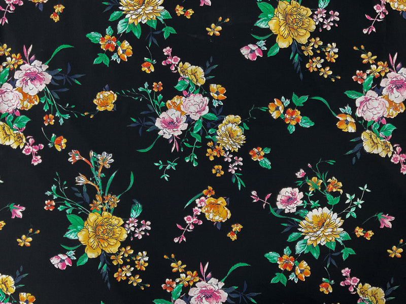Black-Pink-Multi Poly Floral Printed ITY Moss Crepe Knit Fabric