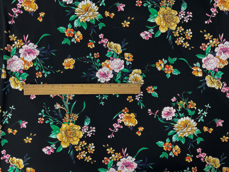 Black-Pink-Multi Poly Floral Printed ITY Moss Crepe Knit Fabric