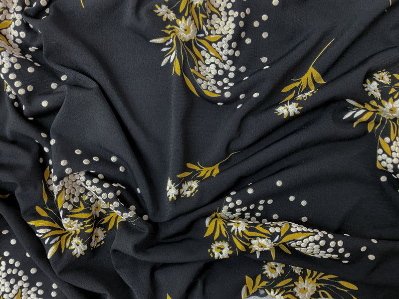 2 YD PC-Black-Multi Poly Floral Dot Puff Printed ITY Jersey Knit Fabric