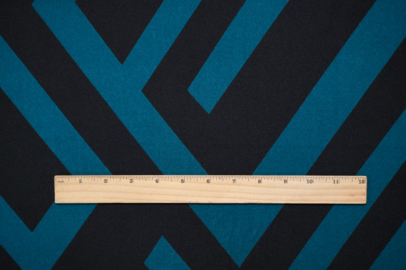 Black-Teal Poly Abstract Printed Stretch Double Knit Fabric