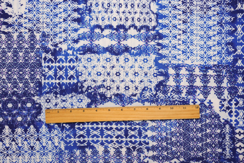 Blue-White-Multi Poly Moroccan Printed Jersey Knit Fabric