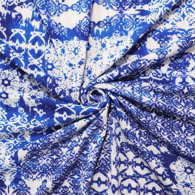 Blue-White-Multi Poly Moroccan Printed Jersey Knit Fabric