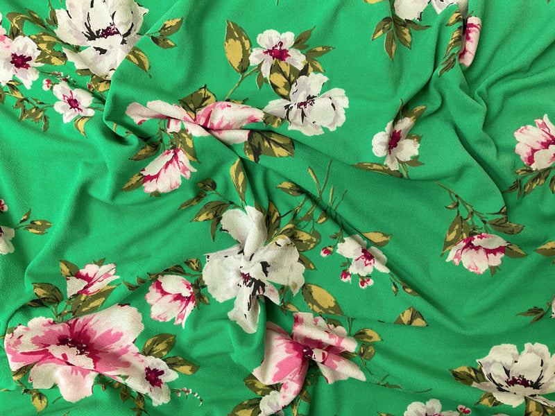 Green-Pink-Multi Poly Floral Printed ITY Moss Crepe Knit Fabric