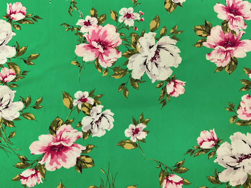 Green-Pink-Multi Poly Floral Printed ITY Moss Crepe Knit Fabric
