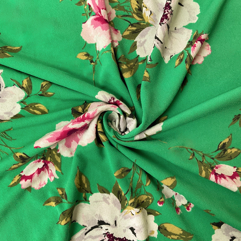 Green-Pink-Multi Poly Floral Printed ITY Moss Crepe Knit Fabric