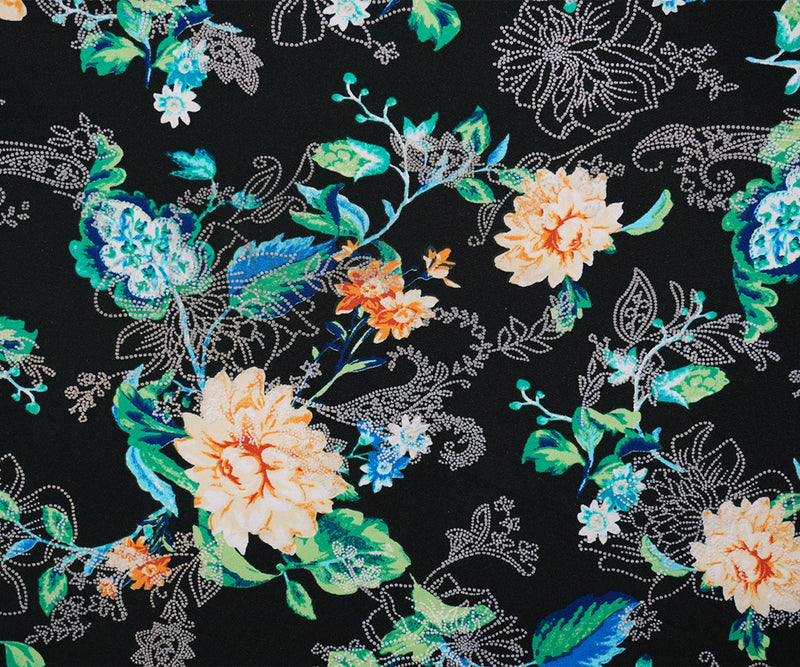 Black-Yellow-Multi Poly Floral Printed Jersey Knit Fabric