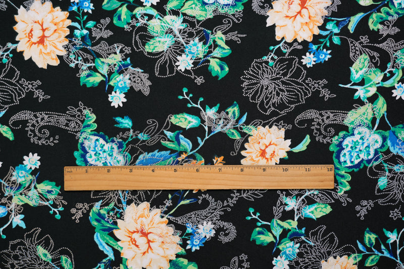 Black-Yellow-Multi Poly Floral Printed Jersey Knit Fabric