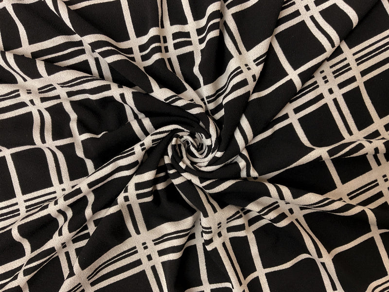 Black-White Poly Stripe Plaid Printed ITY Moss Crepe Knit Fabric