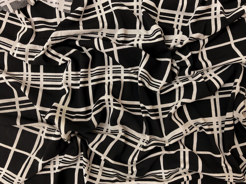 Black-White Poly Stripe Plaid Printed ITY Moss Crepe Knit Fabric