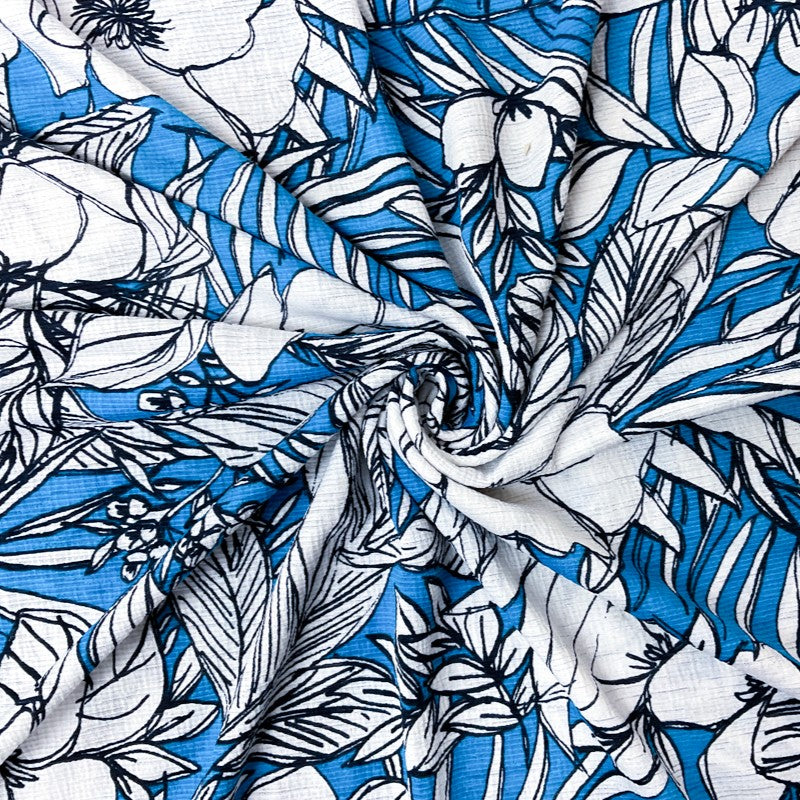 Blue-Navy-White Floral Printed Sugar Slub Jersey Knit Fabric