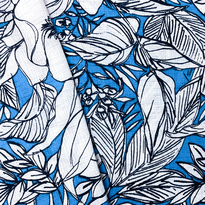 Blue-Navy-White Floral Printed Sugar Slub Jersey Knit Fabric