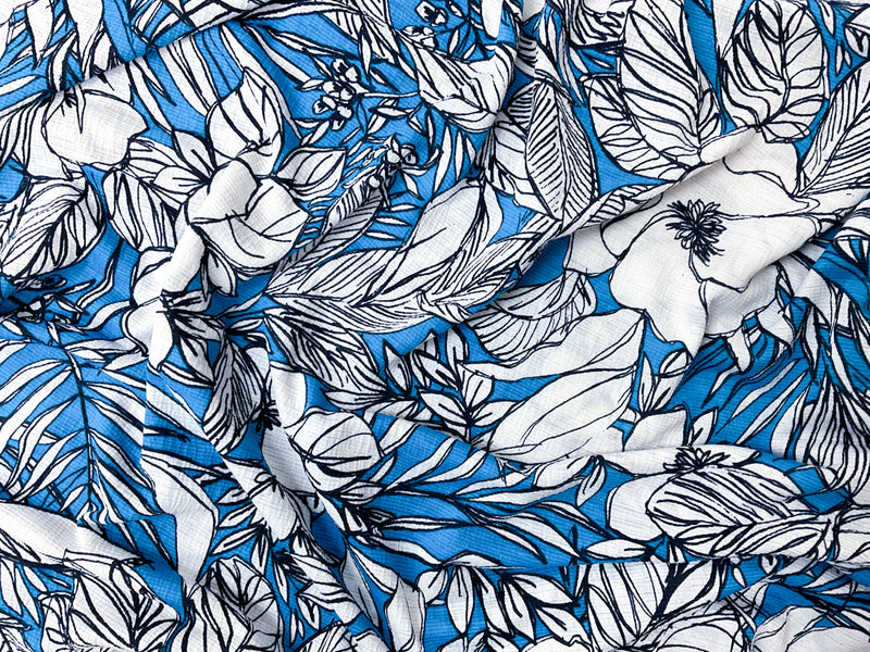 Blue-Navy-White Floral Printed Sugar Slub Jersey Knit Fabric
