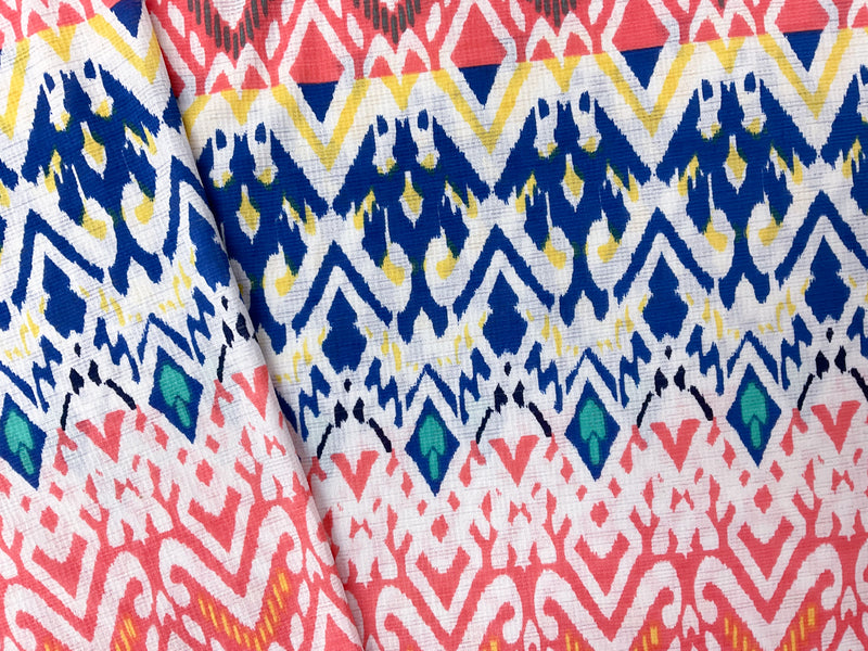 Blue-Yellow-Multi Poly Aztec Print Sugar Slub Jersey Knit Fabric