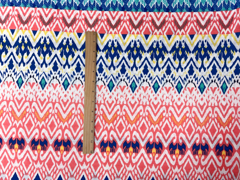 Blue-Yellow-Multi Poly Aztec Print Sugar Slub Jersey Knit Fabric