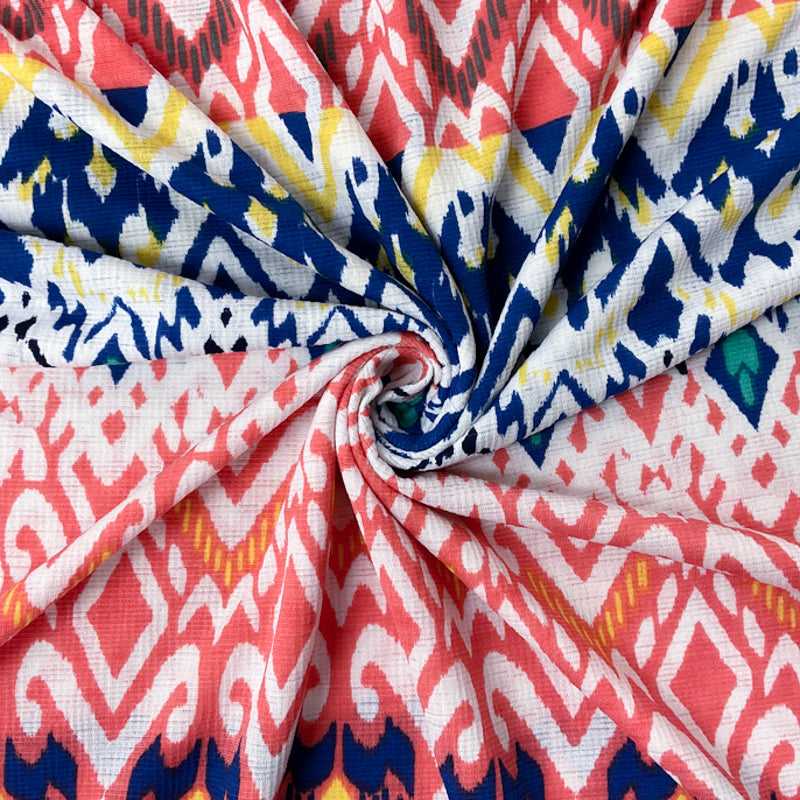 Blue-Yellow-Multi Poly Aztec Print Sugar Slub Jersey Knit Fabric