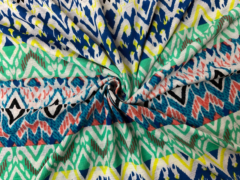 Green-White-Multi Poly Aztec Print Sugar Slub Jersey Knit Fabric