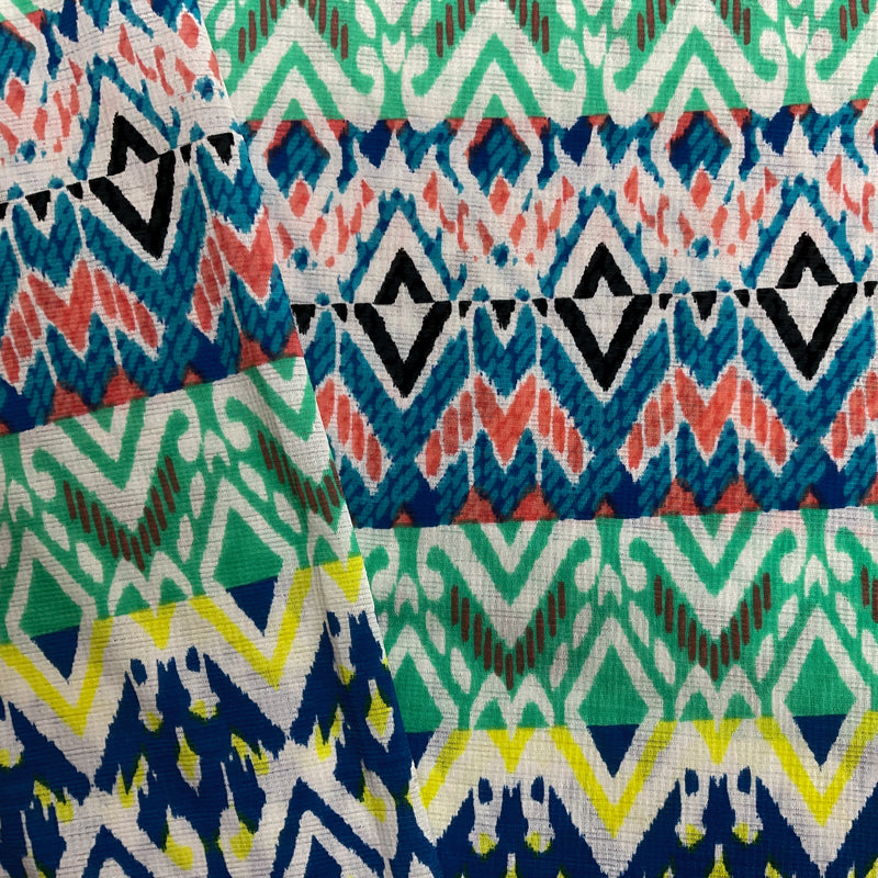 Green-White-Multi Poly Aztec Print Sugar Slub Jersey Knit Fabric