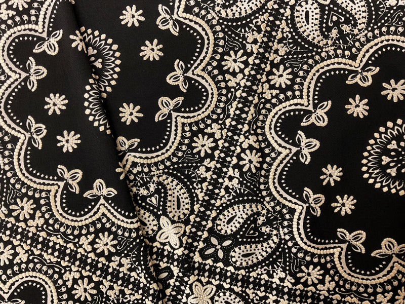 Black-White Poly Floral Tile Puff Printed ITY Jersey Knit Fabric