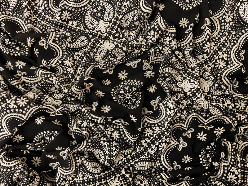 Black-White Poly Floral Tile Puff Printed ITY Jersey Knit Fabric