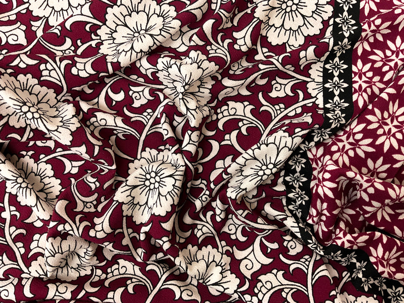 Red-Multi Poly Floral Border Printed ITY Moss Crepe Knit Fabric