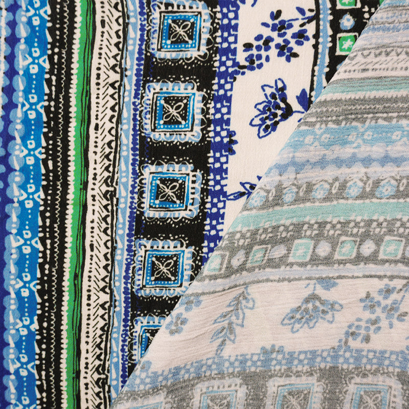 Blue-Multi Rayon-Cotton Tribal Stripe Printed Gauze Woven Fabric