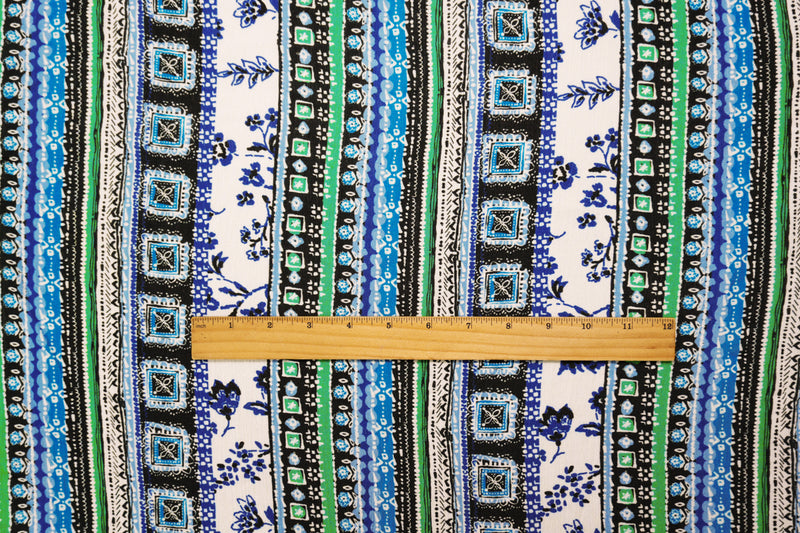Blue-Multi Rayon-Cotton Tribal Stripe Printed Gauze Woven Fabric