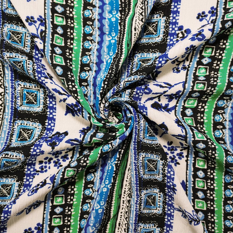 Blue-Multi Rayon-Cotton Tribal Stripe Printed Gauze Woven Fabric