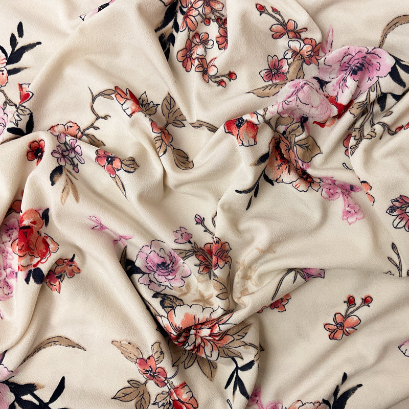 Light Beige-Multi Poly Floral Printed ITY Moss Crepe Knit Fabric
