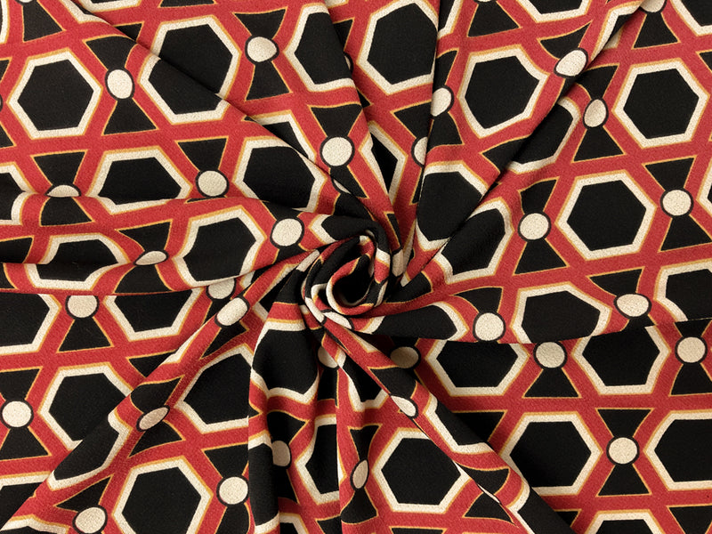 Red-Black-Multi Poly Geometric Printed ITY Moss Crepe Knit Fabric