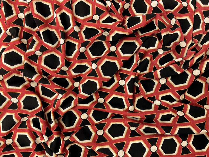 Red-Black-Multi Poly Geometric Printed ITY Moss Crepe Knit Fabric