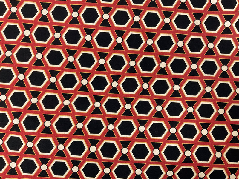 Red-Black-Multi Poly Geometric Printed ITY Moss Crepe Knit Fabric