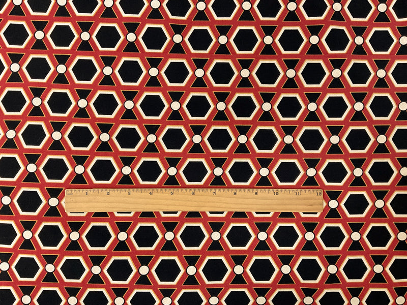 Red-Black-Multi Poly Geometric Printed ITY Moss Crepe Knit Fabric