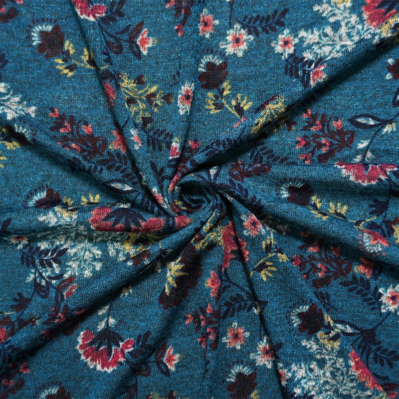 Deep Teal-Pink-Multi Poly Floral Printed Jersey Knit Fabric