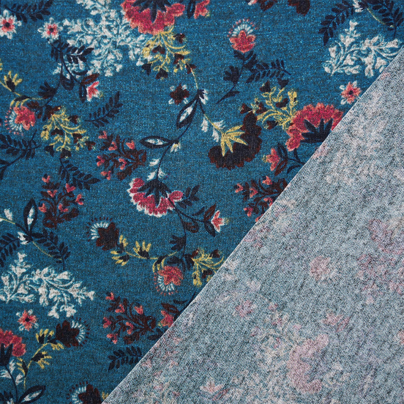 Deep Teal-Pink-Multi Poly Floral Printed Jersey Knit Fabric