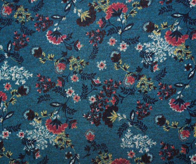 Deep Teal-Pink-Multi Poly Floral Printed Jersey Knit Fabric