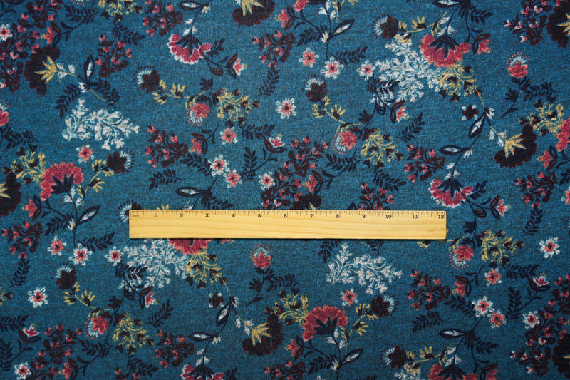 Deep Teal-Pink-Multi Poly Floral Printed Jersey Knit Fabric