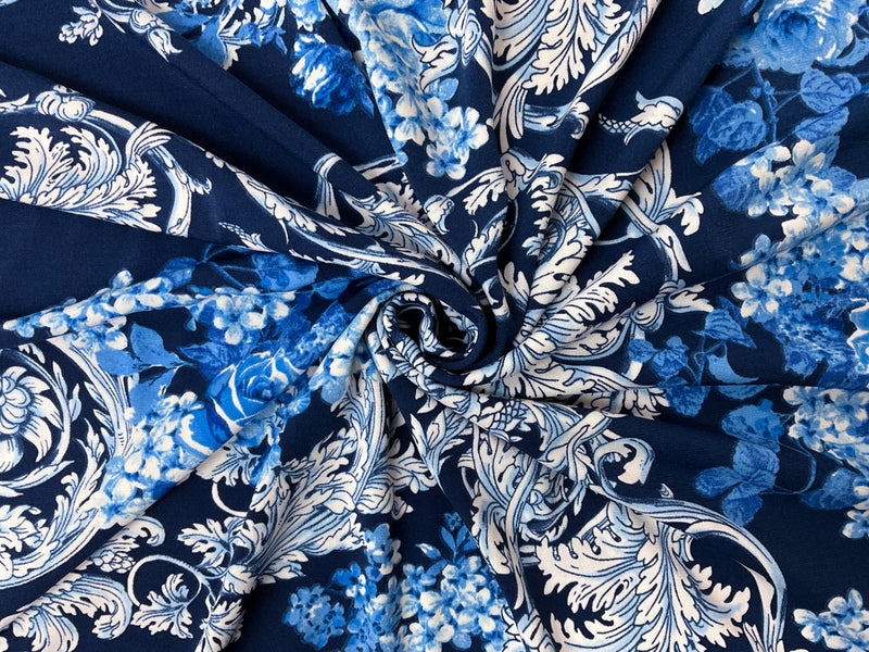 Blue-White-Multi Poly Floral Baroque ITY Jersey Knit Fabric
