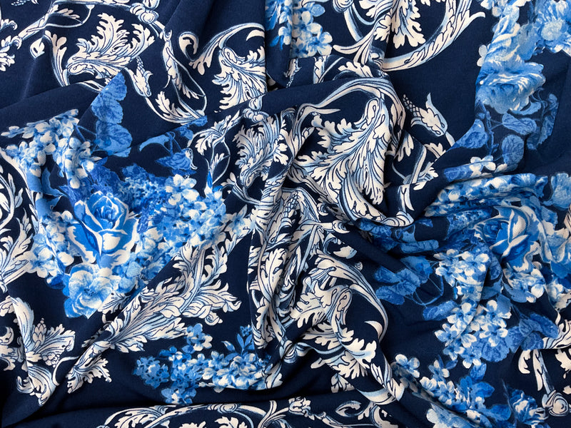 Blue-White-Multi Poly Floral Baroque ITY Jersey Knit Fabric