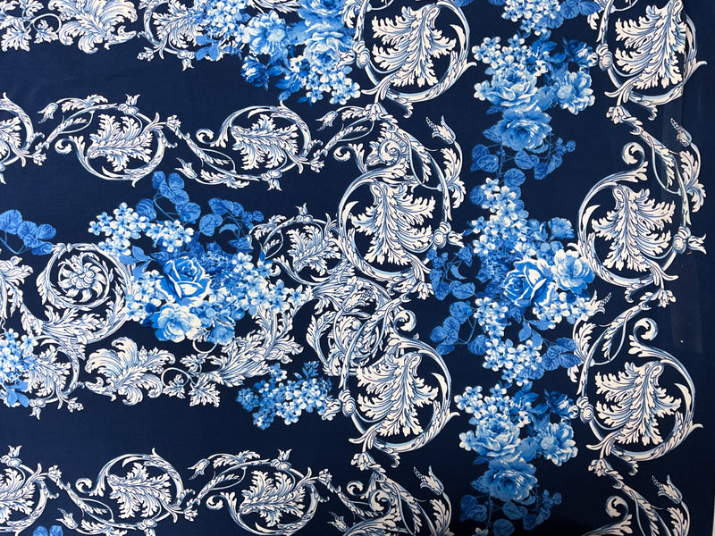 Blue-White-Multi Poly Floral Baroque ITY Jersey Knit Fabric