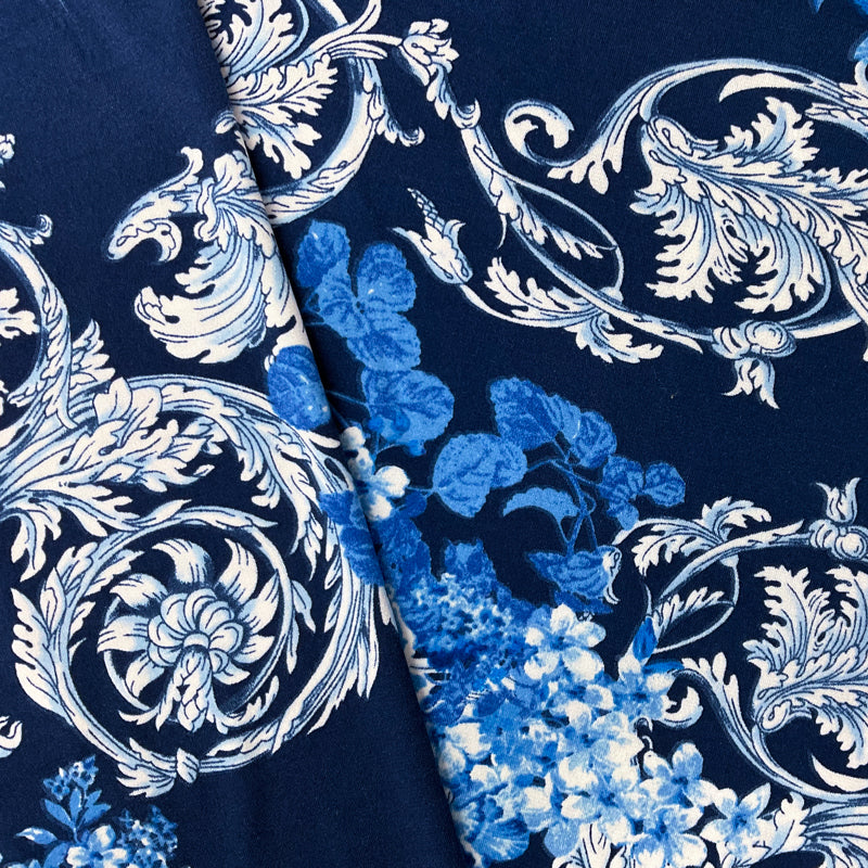 Blue-White-Multi Poly Floral Baroque ITY Jersey Knit Fabric