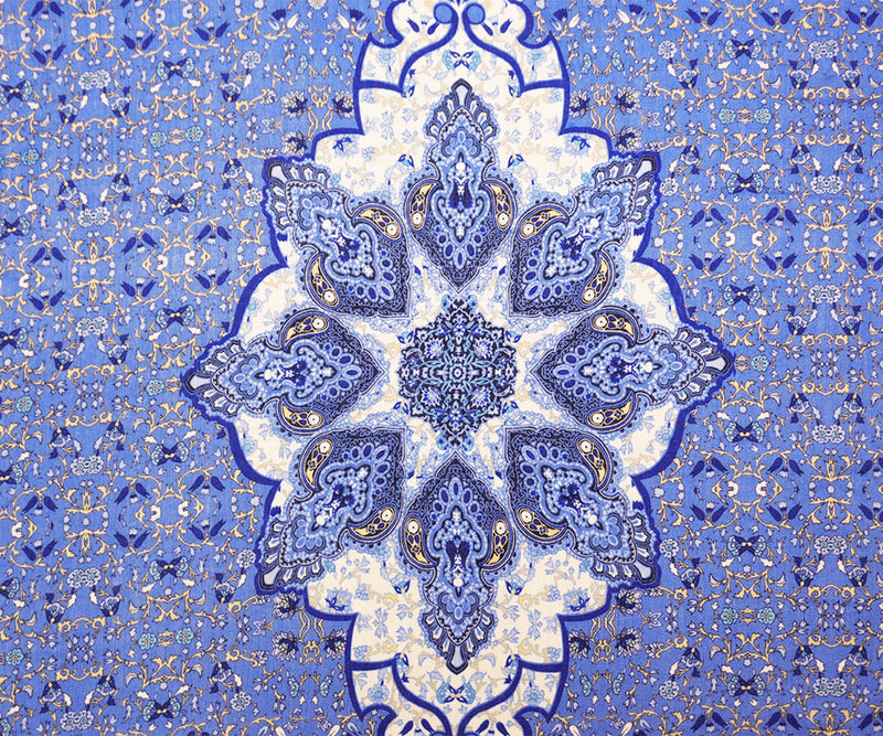 Blue-Teal-Multi Rayon-Cotton Floral Printed Gauze Woven Fabric