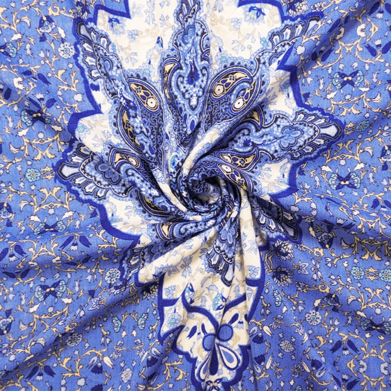 Blue-Teal-Multi Rayon-Cotton Floral Printed Gauze Woven Fabric