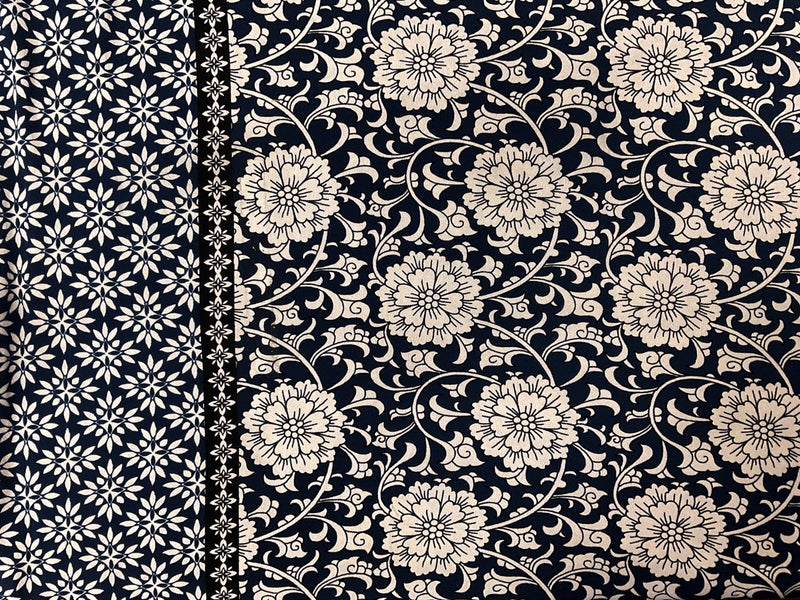 Navy-Beige-Black Poly Floral Border ITY Moss Crepe Knit Fabric