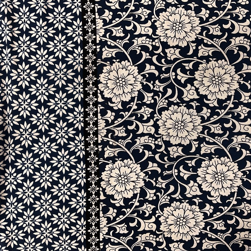 Navy-Beige-Black Poly Floral Border ITY Moss Crepe Knit Fabric