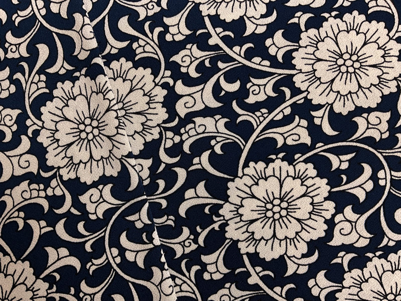 Navy-Beige-Black Poly Floral Border ITY Moss Crepe Knit Fabric