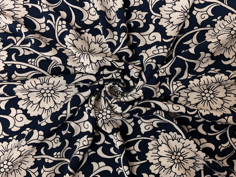 Navy-Beige-Black Poly Floral Border ITY Moss Crepe Knit Fabric